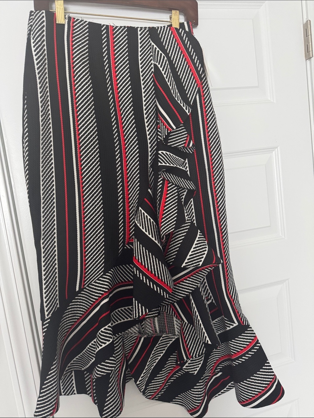 Gracia Black, White & Red Striped Maxi Skirt with Ruffle Detail